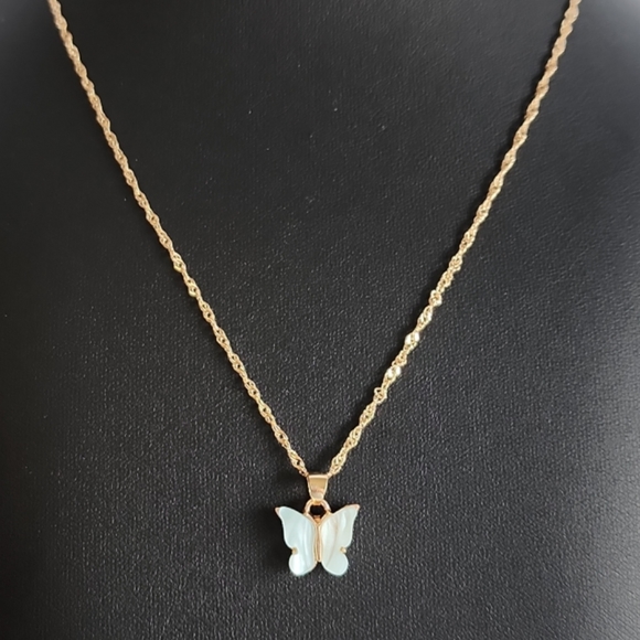 Gold Tone Light Blue Butterfly Pendant Necklace - Picture 8 of 12